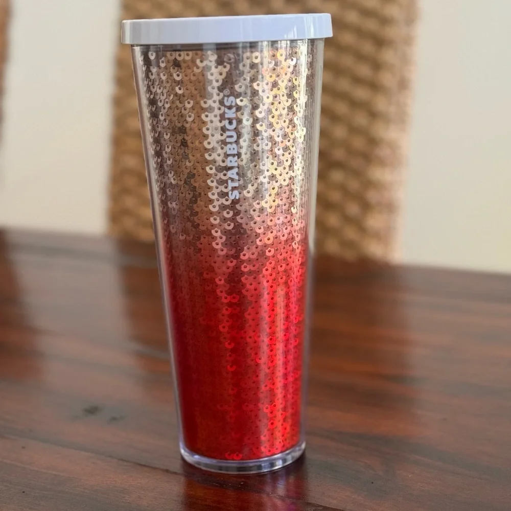 Starbucks 2018 Rose Gold Red Ombre Sequin Acrylic Cold Cup Tumbler 24 oz Holiday